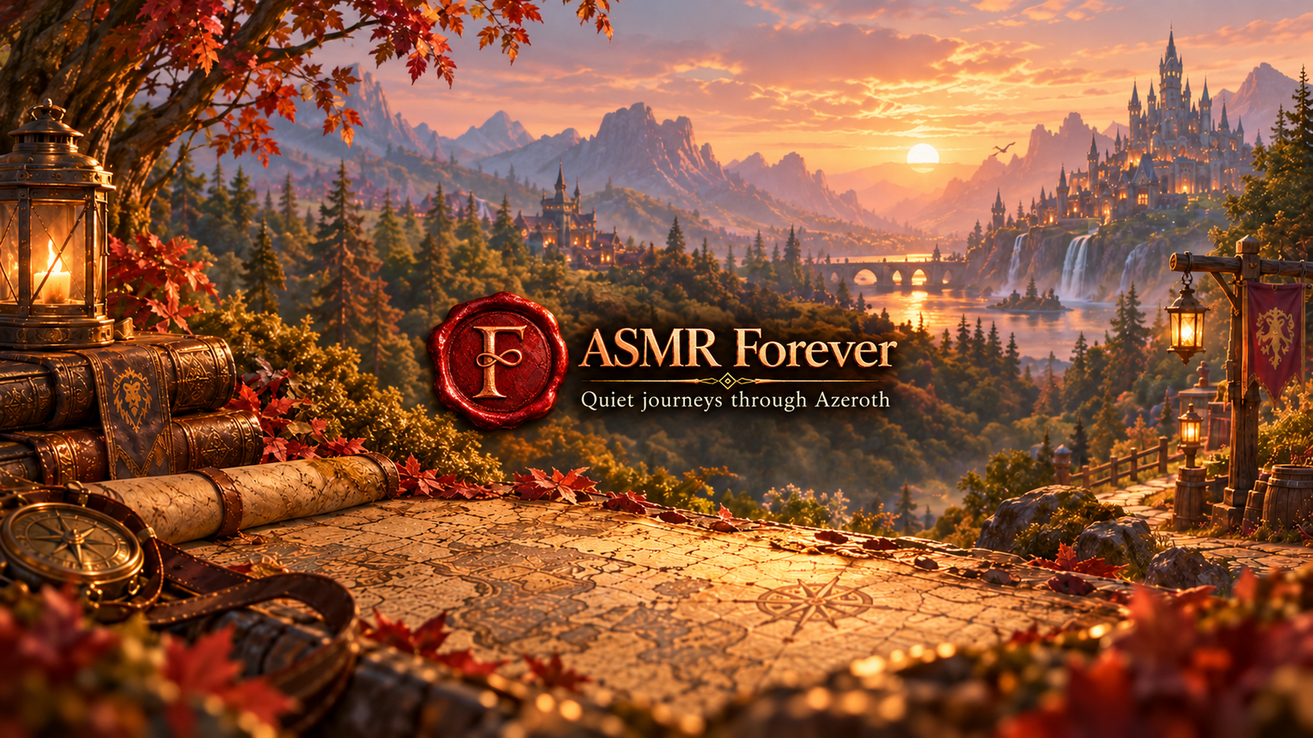 ASMR Forever channel artwork: a golden sunset over a mountain kingdom, with lanterns, maps and a crimson wax seal.